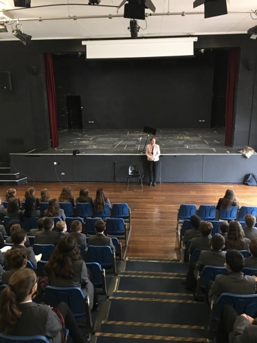 Victoria speaking to the Year Sevens at Wykham Park Academy 